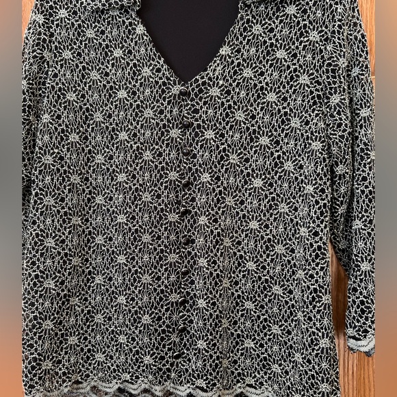 Dress Barn Pull Over Scalloped Top- Black with Silver Designs- V-Necked - Picture 6 of 7